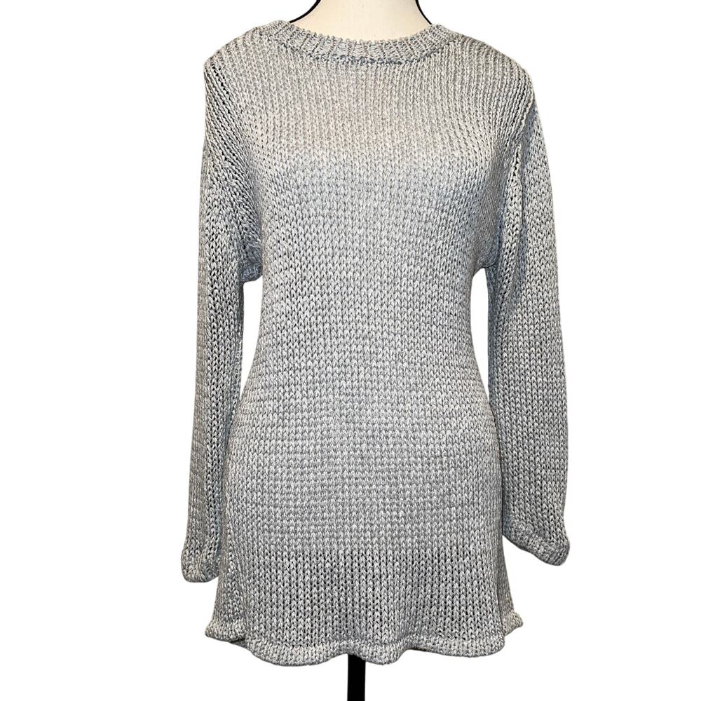 J. McLaughlin Silver Gray Crew Neck Chunky Knit Tunic Sweater Size L Slim Fit